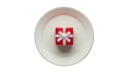 Elegant red gift box with white ribbon centered on a clean white plate, a perfect symbol of celebration and thoughtful giving