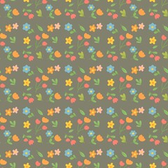 Pastel Daisy Floral Seamless Pattern on Olive Background