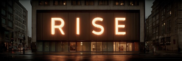  Illuminated RISE typography glowing warmly in an urban evening street.
