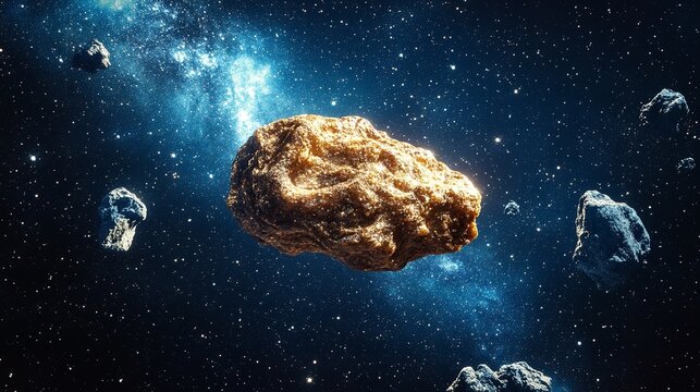 A large asteroid floats in the vast expanse of space, surrounded by stars and distant galaxies - Powered by Adobe
