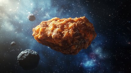 A large chicken nugget floats in the vast expanse of space, surrounded by stars and distant galaxies