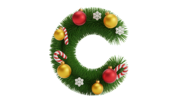 Festive Christmas wreath shaped like letter C adorned with golden baubles red ornaments candy canes and snowflakes perfect for holiday branding