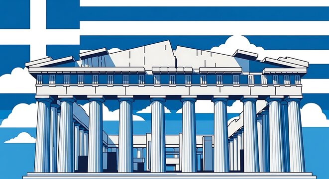 Ancient Greek Parthenon Temple with Greek Flag in the Background.