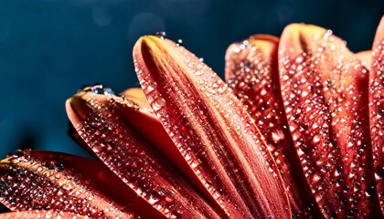 detailed macro photograph of a flower petal with sparkling water droplets