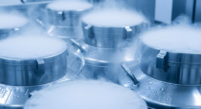 A serene view of cryogenic containers releasing vapor, creating an ethereal and scientific atmosphere.
