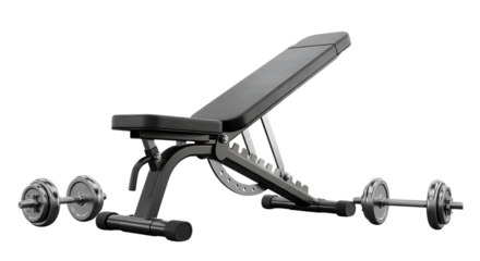 Adjustable weight bench with dumbbells and a barbell on a background exercise fitness isolated on a transparent background