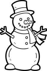A simple line drawing of a cheerful snowman wearing a hat and scarf isolated on white background