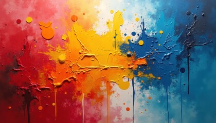 Fototapeta premium Explosion of vibrant paint creating an energetic background, featuring textured splashes of red, yellow, and blue hues, artistic expression