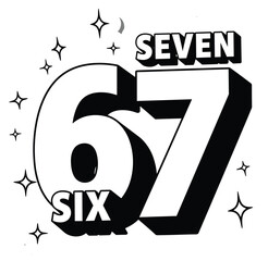 Bold number six and seven, stylized typography, black and white vector, sparkling stars, educational design, playful numeric art, contrast illustration