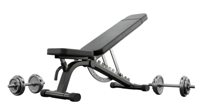 Adjustable weight bench with dumbbells and a barbell on a background exercise fitness isolated on a transparent background