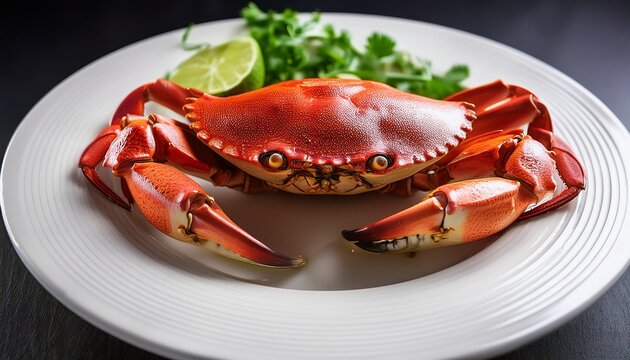 red cooked crab beautifully presented on white plate glistening with sauce and garnished with fresh green herbs and slice of lime