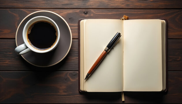 Coffee cup next to an open blank journal with a pen on a rustic wooden desk top view morning routine - Powered by Adobe