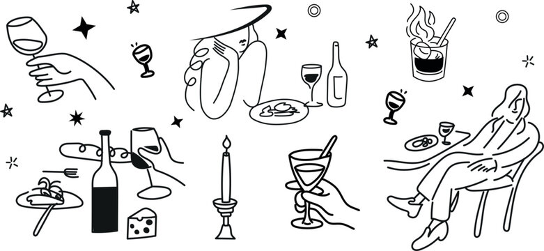 Minimal hand-drawn dinner set with wine glasses, cheese, and baguette. Perfect for restaurant branding, menu design, and elegant lifestyle illustrations.