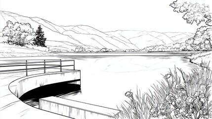 Fototapeta premium Serene Lake Landscape with Mountains and Vegetation in Black and White