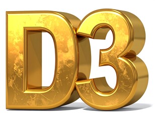 A shiny, golden, three-dimensional rendering of the alphanumeric characters D3, with a textured metallic surface and slight shadowing