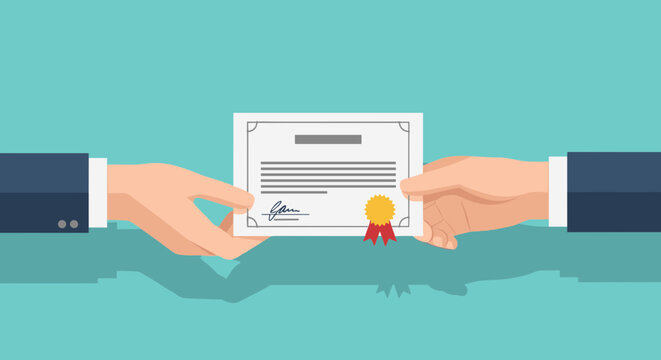 Hands exchanging certificate document representing achievement and success in business.