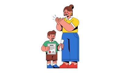 Proud Mother Celebrates Son's Achievement with Certificate and Applause on Black Background
