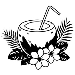 Refreshing coconut drink with tropical leaves and flowers, a perfect summer refreshment.