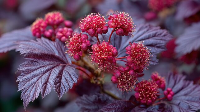 Vibrant Ninebark Shrub: A Spectacular Blooming Display of Purple Foliage in a Summer Garden Backdrop