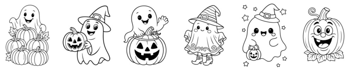 Cute Halloween ghosts and pumpkin characters — friendly spirits playing with jack-o’-lanterns, wearing witch hats and surrounded by stars