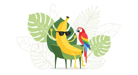 Relaxed Banana Character and Parrot in Tropical Setting with Foliage, Vector Cartoon