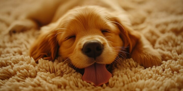adorable golden retriever puppy sleeping with tongue out on cozy blanket