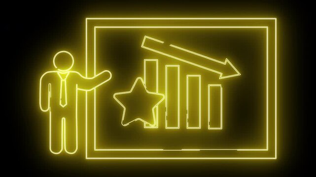 Yellow neon art person presenting decreasing bar graph with star on black backdrop
