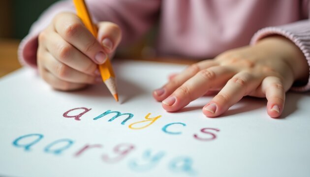 Child's Hands Writing Colorful Letters on White Paper with a Yellow Pencil, Early Education Learning Activity