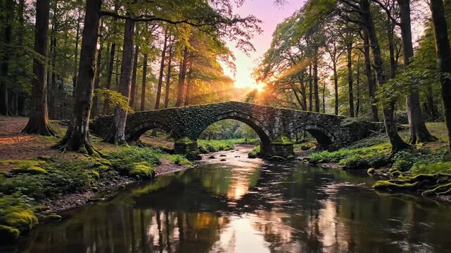 Enchanted Forest: Stone Bridge over River at Sunrise, Nature's Serenity