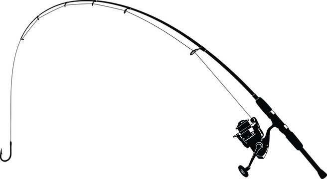 Bent fishing rod with reel and hook isolated on white background