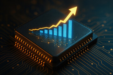 AI investment etf market concept microchip with rising financial chart glowing arrow and bar graph on circuit board expressing growth and innovation