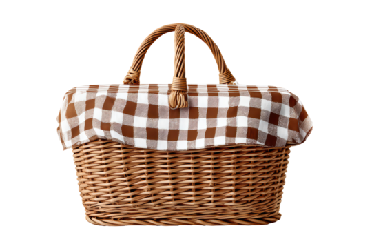 Wicker Picnic Basket with Checkered Fabric Cover on Transparent Background