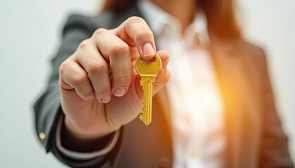 Business Person's Hand Extending Golden Key Towards Viewer with Soft Lens Flare Effect