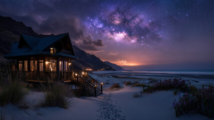 Beautiful wooden house and milky way sky is background.