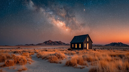 Alone of wooden house is in the large farm and milky way in the sky is background.