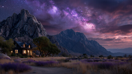 A wooden house is in the large farm and milky way sky at night mountain landscpe is background.