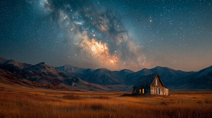 A wooden house is in the middle of large farm alone , milky way sky is background.