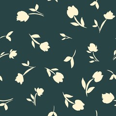 Seamless floral pattern with beige flowers on dark green background, minimalist botanical design perfect for fabric, wallpaper, and elegant home decoration.