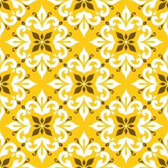 Seamless floral pattern with white and brown ornamental motifs on yellow background, elegant vintage design perfect for wallpaper, textile, and home decoration.