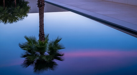 Image displays a palm tree reflection in water, creating a dual perspective. The scene represents tranquility and the blending of nature with architecture