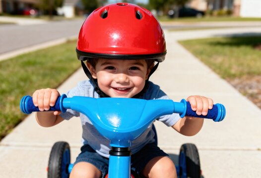 Happy toddler boy in a red safety helmet riding a blue tricycle outdoors. Cute child smiling at the camera while learning to ride. Childhood fun and activity concept