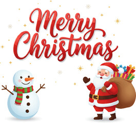 Red Merry Christmas Lettering with Santa & Snowman Vector