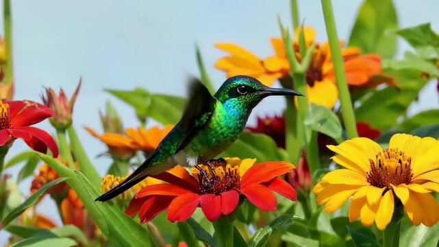 Close-up of a vibrant green hummingbird perched on a bright orange zinnia flower among other