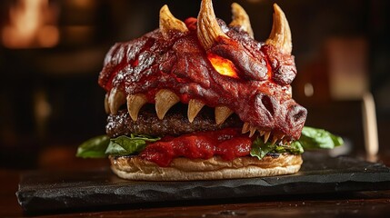 A monstrous dragon burger, a culinary creation that combines fantasy and food in an epic way