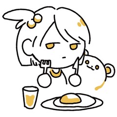 A sleepy girl holds a knife and fork, not quite awake yet, staring at her breakfast. A fluffy bear peeks from behind her, adding a playful touch. Soft lines and warm tones create a cozy, humorous vibe