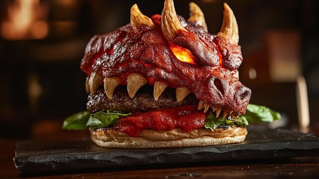 A monstrous dragon burger, a culinary creation that combines fantasy and food in an epic way