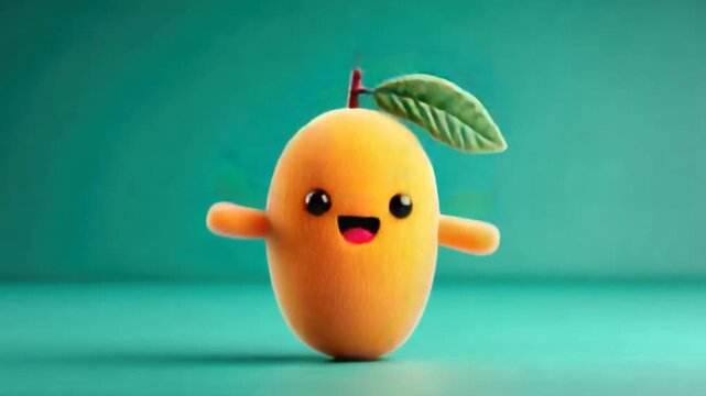 A smiling, cartoonish mango character with arms, a leaf, and a green-blue background
