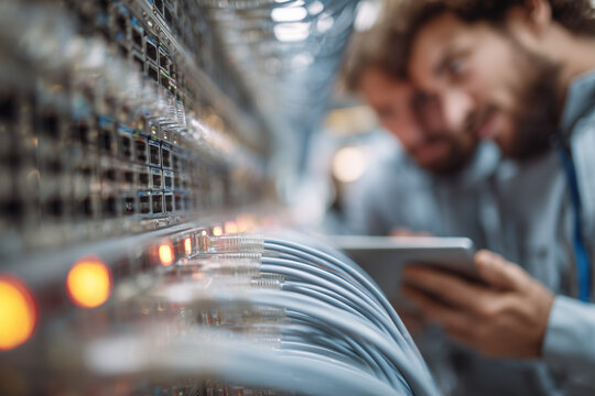 IT technicians inspecting a network server rack with Ethernet cables and blinking status lights - data center maintenance close-up - Powered by Adobe