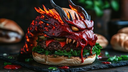 A fiery dragon burger, a unique culinary creation that combines fantasy and food in an epic meal
