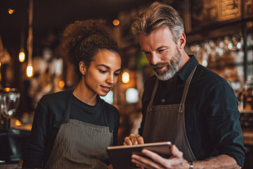 Experienced barista mentoring a young colleague over a tablet in a cozy modern coffee shop — teamwork, training and hospitality in warm welcoming atmosphere